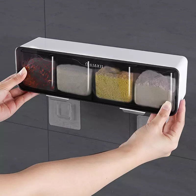 4-grid wall-mounted spice rack held up against a tiled wall