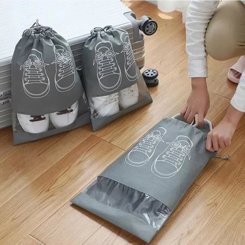 Drawstring Travel Shoe Pouch, Set of 5 in mesh panel, product photograph